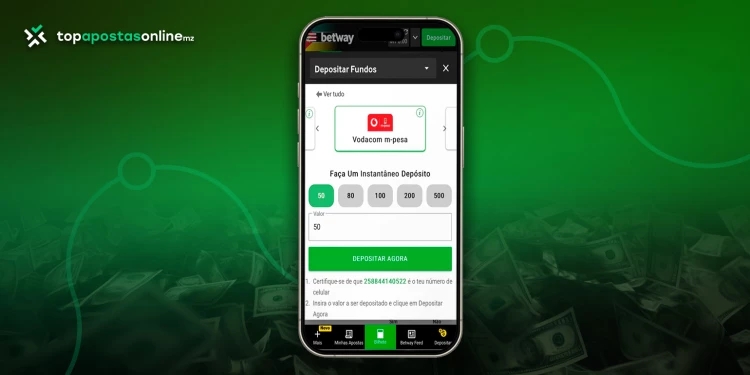 Print da app da Betway para depositar o dinheiro para realizar aposta