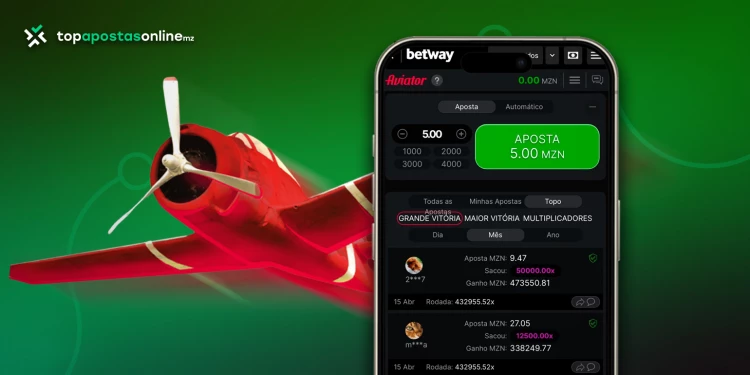 Telemóvel na app da Betway no jogo do aviator, onde existe uma aposta de 5.00 mzn , numa das slots com maior rtp em Moçamique